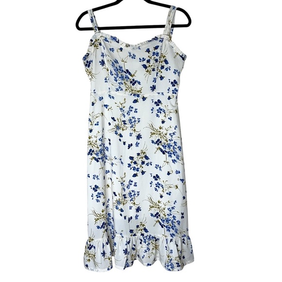 RIHOAS Floral Ruffle Flounce Trim Trumpet Mini Dress White Blue Medium Boho - Picture 4 of 14